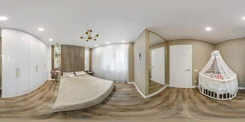 seamless hdri 360 panorama in interior of bedroom with baby cot in flat or apartments in...