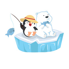 Cartoon polar bear with penguin sit on ice floe