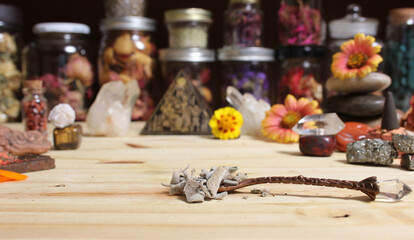 Sage in Vintage Spoon on Meditation Altar With Pyramid in Background