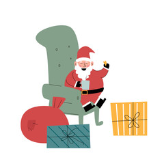 Cheerful Santa Claus is sitting in a cozy armchair drinking tea or milk with cookies. Bags of gifts. Christmas vector illustration isolated on a white background. Flat hand drawing style. 