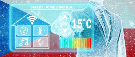 Frozen citizen of Czech Republic adjusting heating temperature on a virtual screen of smart home controller, winter blizzard. Concept of forced thrift, energy war and increased price for natural gas