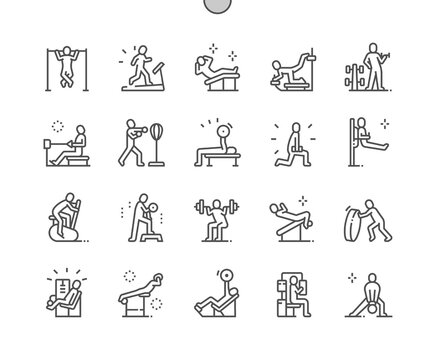 Gym workout people. Human making sport exercises. Fitness. Healthy lifestyle. Training apparatus. Pixel Perfect Vector Thin Line Icons. Simple Minimal Pictogram