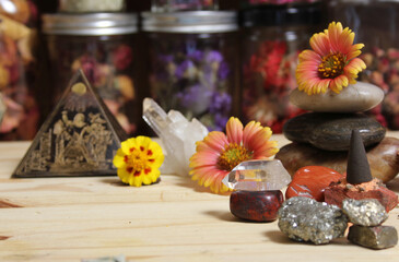 Incense Cone on Stone Slab With Crystals and Flowers