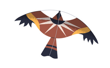 Wind kite flying, floating in air. Flight of kids paper toy of bird shape. Childish entertainment object design with wings, tail. Flat vector illustration isolated on white background
