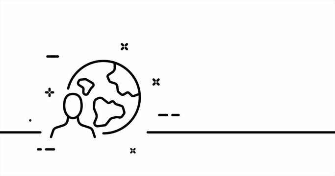Man near the planet. Geography, work on the Internet, remotely, quarantine, ecology, around the world. One line drawing animation. Motion design. Animated technology logo. Video 4K