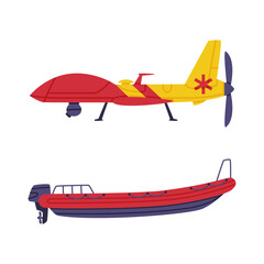Red and Yellow Aircraft and Boat as Rescue Equipment and Emergency Vehicle for Urgent Saving of Life Vector Set
