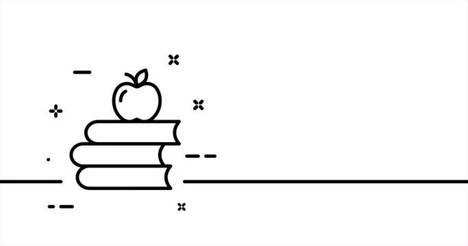 Stack of books with apple. Reading, library, athenaeum, atheneum, paper, bibliography, audiobook. Education concept. One line drawing animation. Motion design. Animated technology logo. Video 4K
