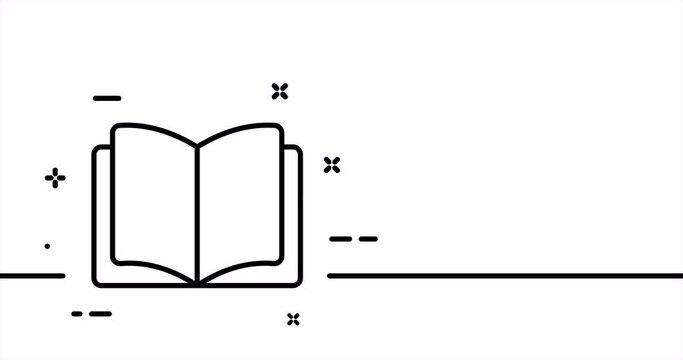 Opened book. Reading, library, athenaeum, binding, paper, bibliography, audiobook, composition. Education concept. One line drawing animation. Motion design. Animated technology logo. Video 4K