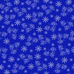 Hand-drawn seamless pattern with white leaves and snowflakes. Background for fabric, packaging paper, templates, wallpaper, cards.