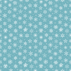 Seamless pattern with snow. Falling snowflakes on mint background. Vector illustration with doodle snowflakes. Can be used for wallpaper, pattern fills, textile, web page background, surface textures.