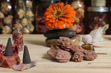 Incense Cones and Desert Rose Rocks on Meditation Table