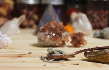 Sage in Vintage Spoon on Meditation Altar With Pyramid in Background