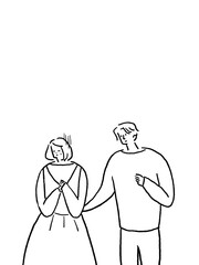 男女の感情（落ち込む女性、悲しみ）、縦、線画
