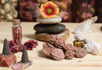 Incense Cones and Desert Rose Rocks on Meditation Table