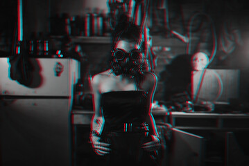 girl in cyberpunk costume with glasses and gas mask cosplays a character of future cyborg computer...