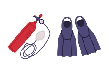 Red Gas Cylinder as High Pressure Vessel with Protective Mask and Flippers Vector Set