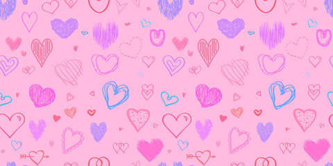 Hand drawn abstract background with hearts. Seamless grungy wallpaper on surface. Chaotic texture with love signs. Lovely pattern. Line art. Print for banner, flyer or poster. Colorful illustration