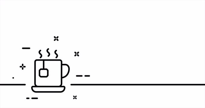 Mug with tea. Hot drink, steam, evaporation, boiling water, tea bag, herbal, mint. Beverage concept. One line drawing animation. Motion design. Animated technology logo. Video 4K