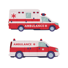 Van or Truck with Siren as Ambulance Emergency Rescue Service Vehicle and Medical Care Transport Vector Set