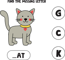 Find missing letter with cute gray cat. English language.