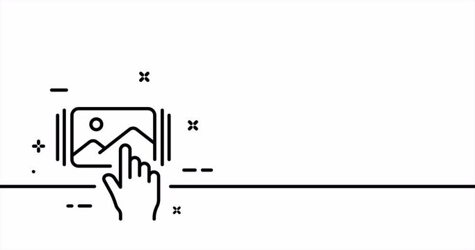 Slide show. View images, photos, gallery, camera, video, hand flipping, snapshots, frames. One line drawing animation. Motion design. Animated technology logo. Video 4K
