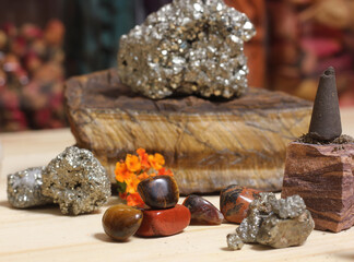 Incense Cone on Stone With Crystals and Flowers Shallow DOF