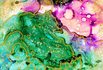 Natural flow of the Alcohol ink fluid abstract texture fluid art with gold glitter and liquid.