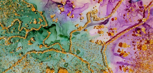 Golden dust and rising lines on Alcohol ink fluid abstract texture fluid art with gold glitter and liquid.