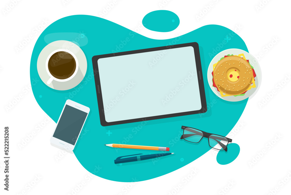 Poster desk table up above with tablet computer blank empty screen vector, office minimal flat lay workplac