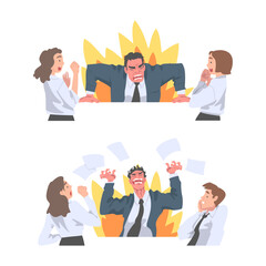 Furious Chief Screaming and Yelling in Anger at Scared Employee Vector Set