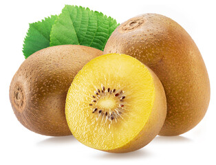 Golden kiwi fruit, cross cut of kiwi, green leaves isolated on white background.