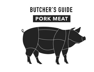 Pig silhouette with lines highlighting cutting parts for butchery store, restaurant menu or cooking book or guide.
