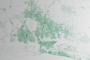 Map of the streets of Abijan (Ivory Coast) made with green lines on white paper. 3d render, illustration