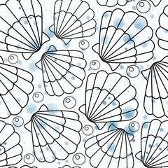Black outline of seashells on a white background with blue splashes. Seamless marine pattern.