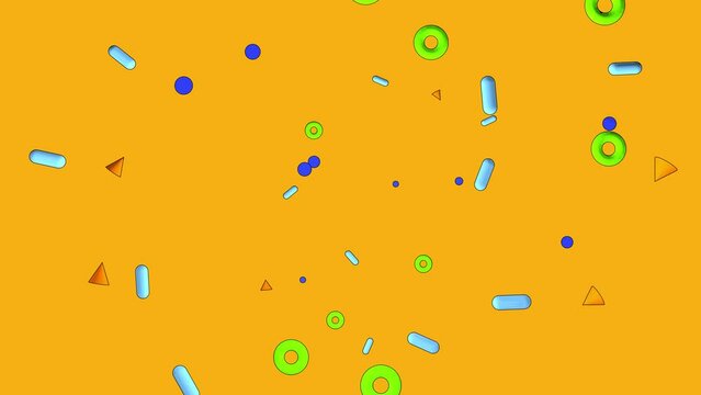 3D animation in the style of the 90s. Bright colorful background, intro. Small multi-colored figures on a yellow background, camera movement.