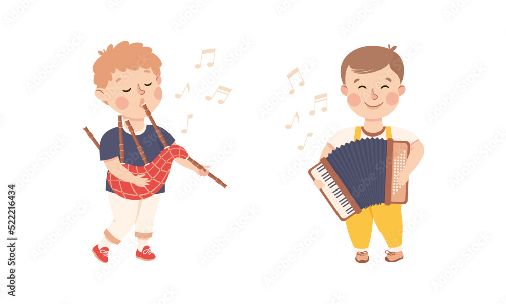 Wall mural set of adorable kids playing musical instruments. cute boys playing bagpipes and accordion instrumen