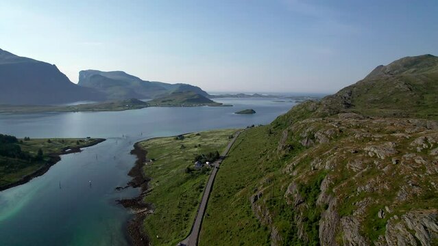 Aerial forwarding drone shot towards Fredvang bridges in Lofoten, Northern Norway