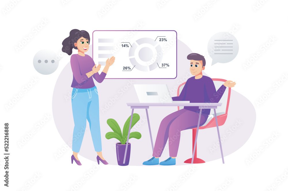 Aufkleber business meeting concept in flat style with people scene. man and woman discuss financial data and g