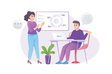 Business meeting concept in flat style with people scene. Man and woman discuss financial data and generate ideas in conference room. Colleagues work in office. Vector illustration for web design