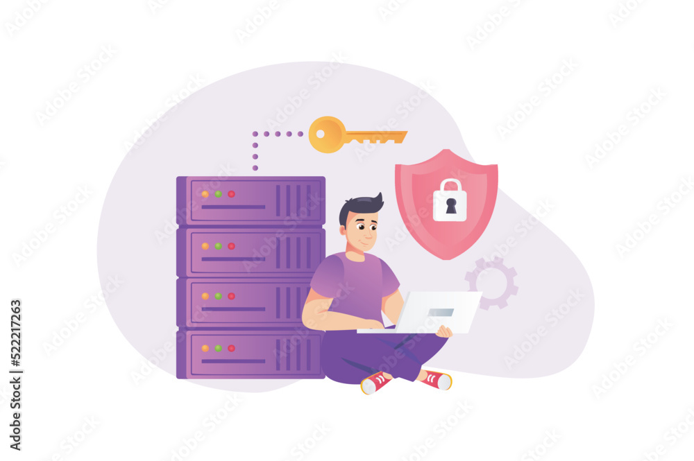 Poster cyber security concept in flat style with people scene. happy man using secure access with password 