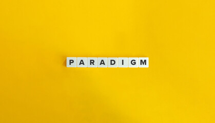 Paradigm Word and Banner. Block Letter Tiles on Yellow Background. Minimal Aesthetics. - obrazy, fototapety, plakaty