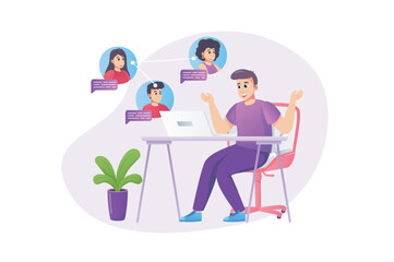 Video conference concept in flat style with people scene. Happy man communicate with friends or colleagues on group video calling using laptop program at home. Vector illustration for web design