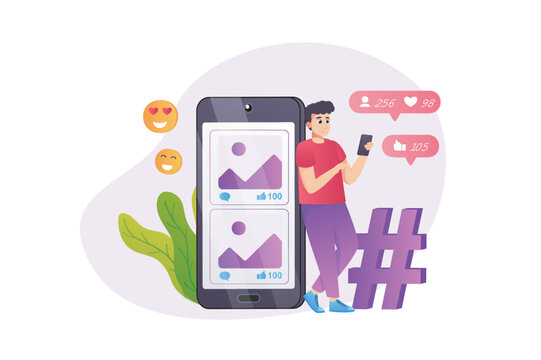 Social networking concept in flat style with people scene. Happy man pastime in social media, posting photos, collecting likes and followers, chatting with friends. Vector illustration for web design
