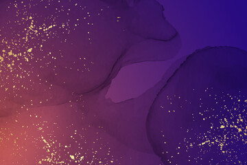 Modern watercolor background or elegant card design or wallpaper or poster with abstract purple ink waves and golden splashes.