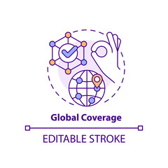 Global coverage concept icon. Business coaching platform benefit abstract idea thin line illustration. Globalization. Isolated outline drawing. Editable stroke. Arial, Myriad Pro-Bold fonts used