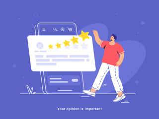 Consumer review and rating a service or goods. Flat vector illustration of man standing near a big smartphone and leaving comment with 5 stars rating. Customer feedback and user positive rating