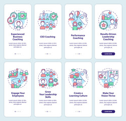 Business coaching programs onboarding mobile app screen set. Walkthrough 4 steps editable graphic instructions with linear concepts. UI, UX, GUI template. Myriad Pro-Bold, Regular fonts used