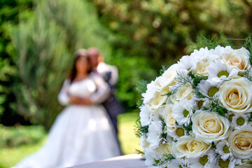 Wedding bouquet, bride and groom. Wedding in nature