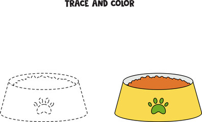 Trace and color cute hand drawn cat bowl. Worksheet for children.