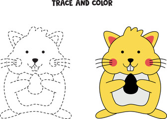 Trace and color cute hand drawn hamster. Worksheet for children.